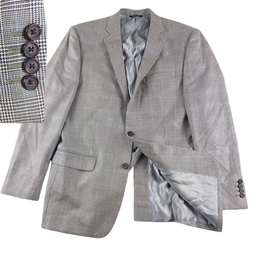Ralph Lauren Sport Coat Mens 42L Tan Blue Silk Wool Houndstooth Blazer Jacket